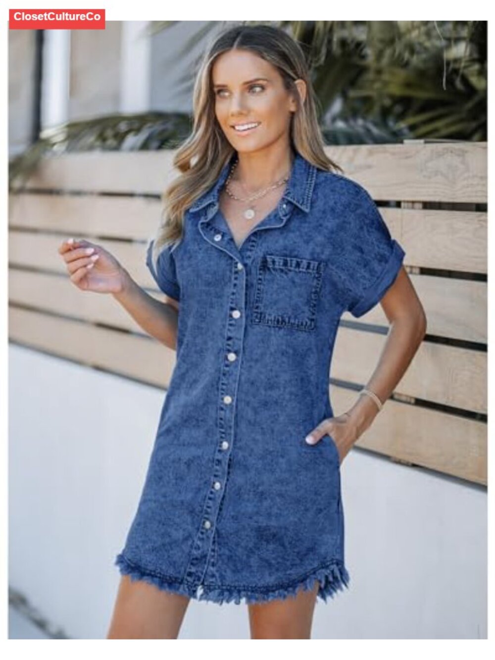 Denim Shift Dress Button Down Short Sleeve Raw Hem Pockets Casual Summer - Picture 3 of 6